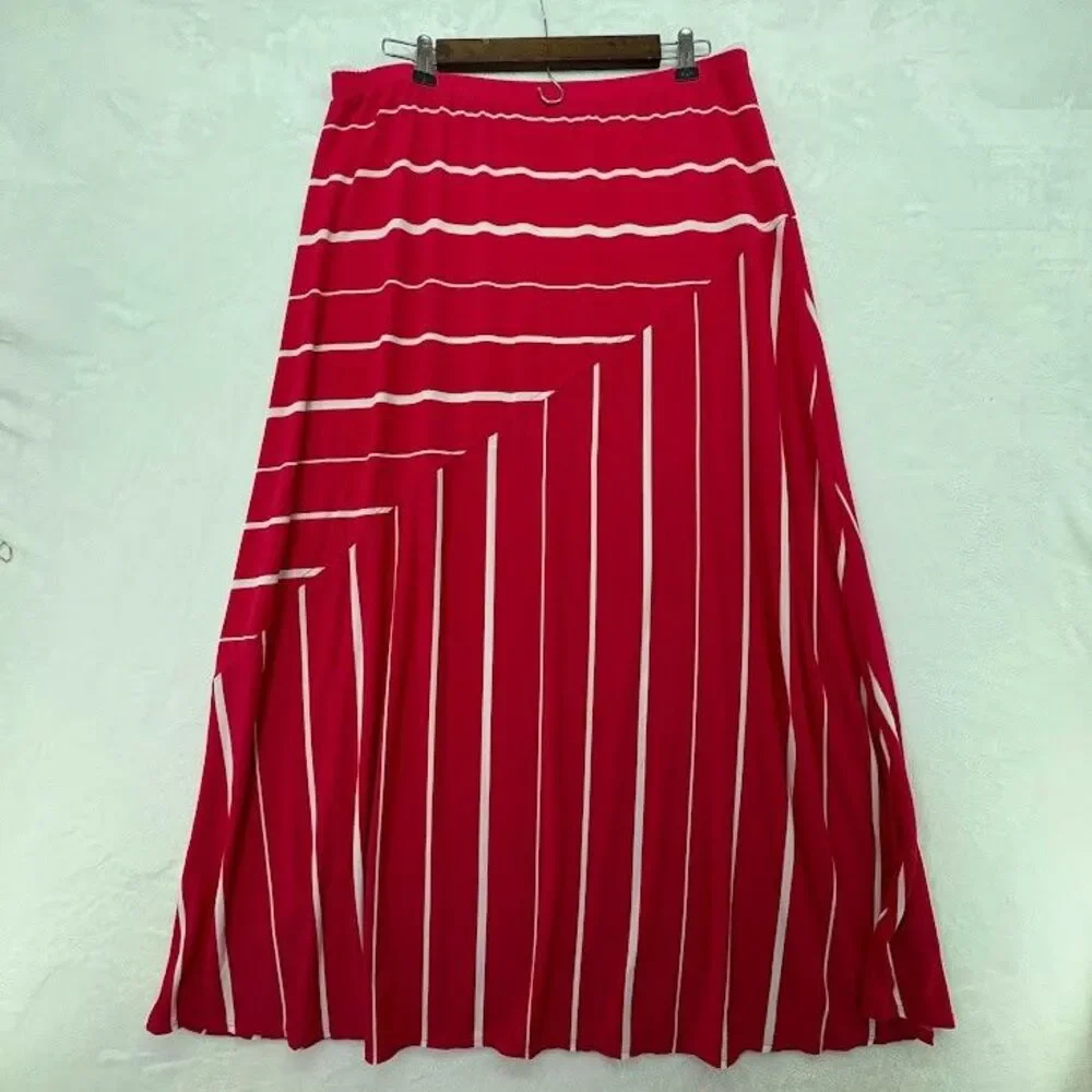 Susan Graver‎ Women's Maxi Skirt Size Large Pink w/ White Stripes Elastic Waist